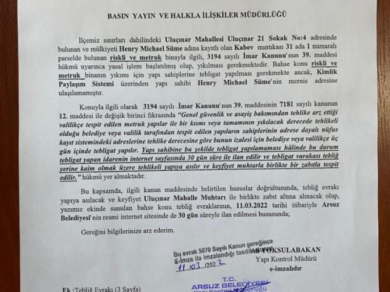 TEBLİĞ EVRAKLARININ İLANI HAKKINDA