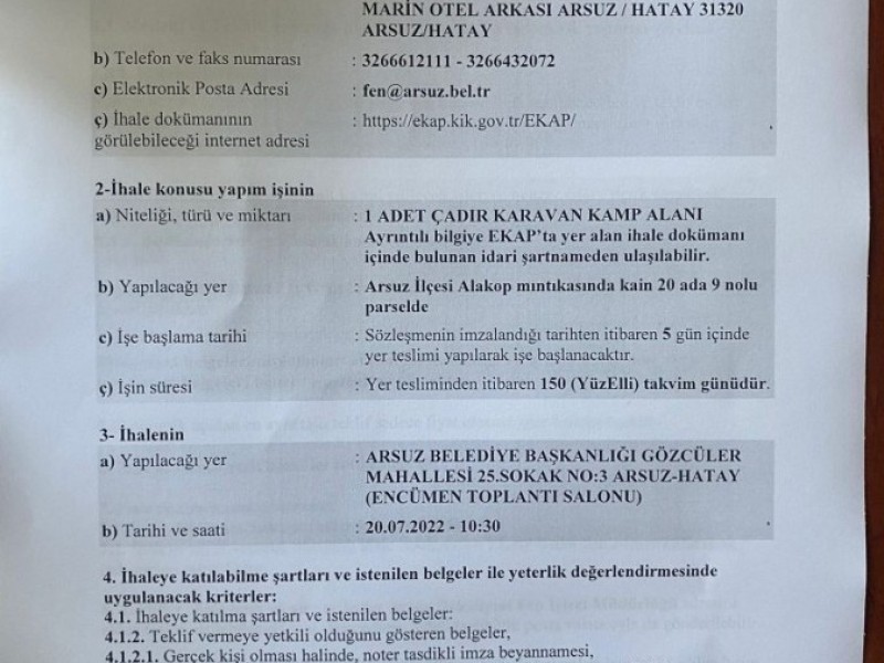 ARSUZ ÇADIR VE KARAVAN KAMP ALANI YAPIM İŞİ