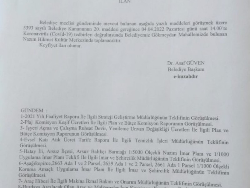 2022 NİSAN AYI OLAĞAN MECLİS TOPLANTI GÜNDEMİ